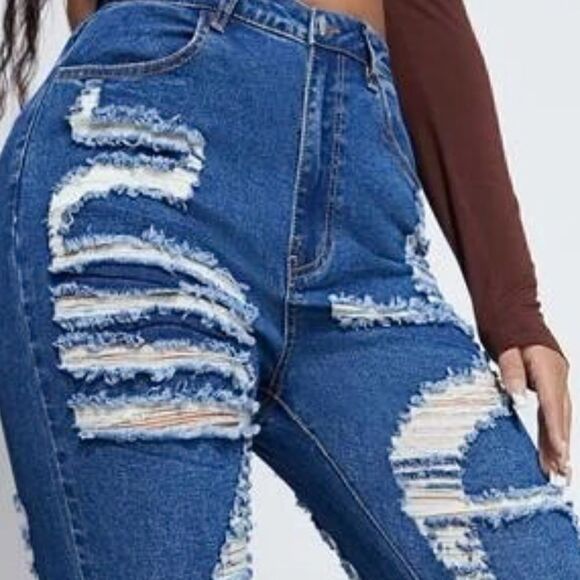 NEW! High Waist Ripped Distressed Flare Legs Color Block Denim Blue Jeans - Picture 6 of 6
